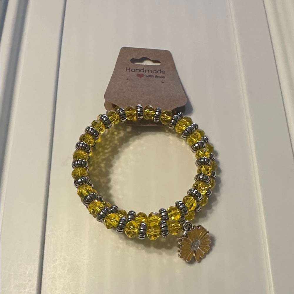 Yellow Memory Wire Beaded Bracelet with Flower Charm